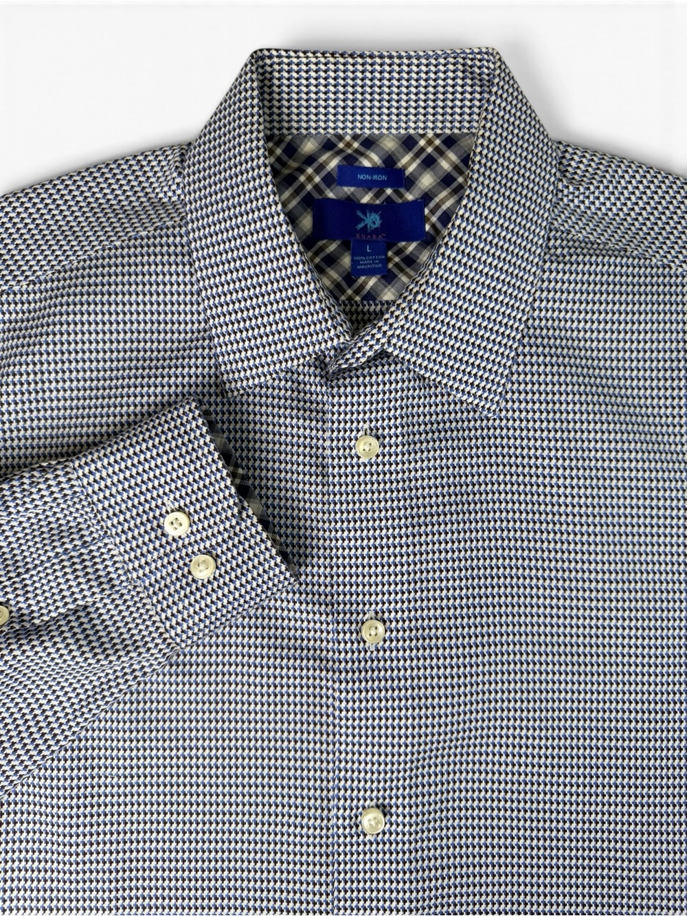 Egara Men’s Large Non-Iron Dress Shirt Blue Brown Geometric 100% Cotton L